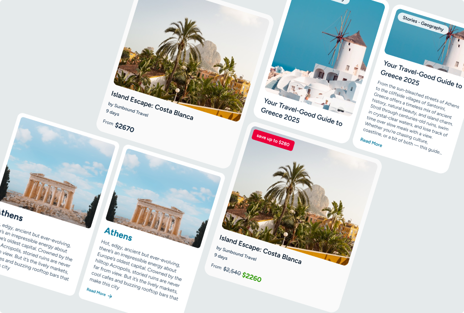 Travel Card UI Explorations article cards card component card design clear ui component design design system components destination cards interface design newspaper cards product design travel app travel cards travel ui travel website trip cards trip promotion cards ui design ux design vacation deals web ui