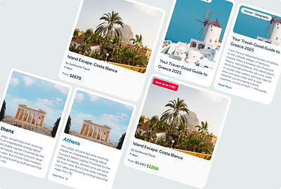 Travel Card UI Explorations article cards card component card design clear ui component design design system components destination cards interface design newspaper cards product design travel app travel cards travel ui travel website trip cards trip promotion cards ui design ux design vacation deals web ui