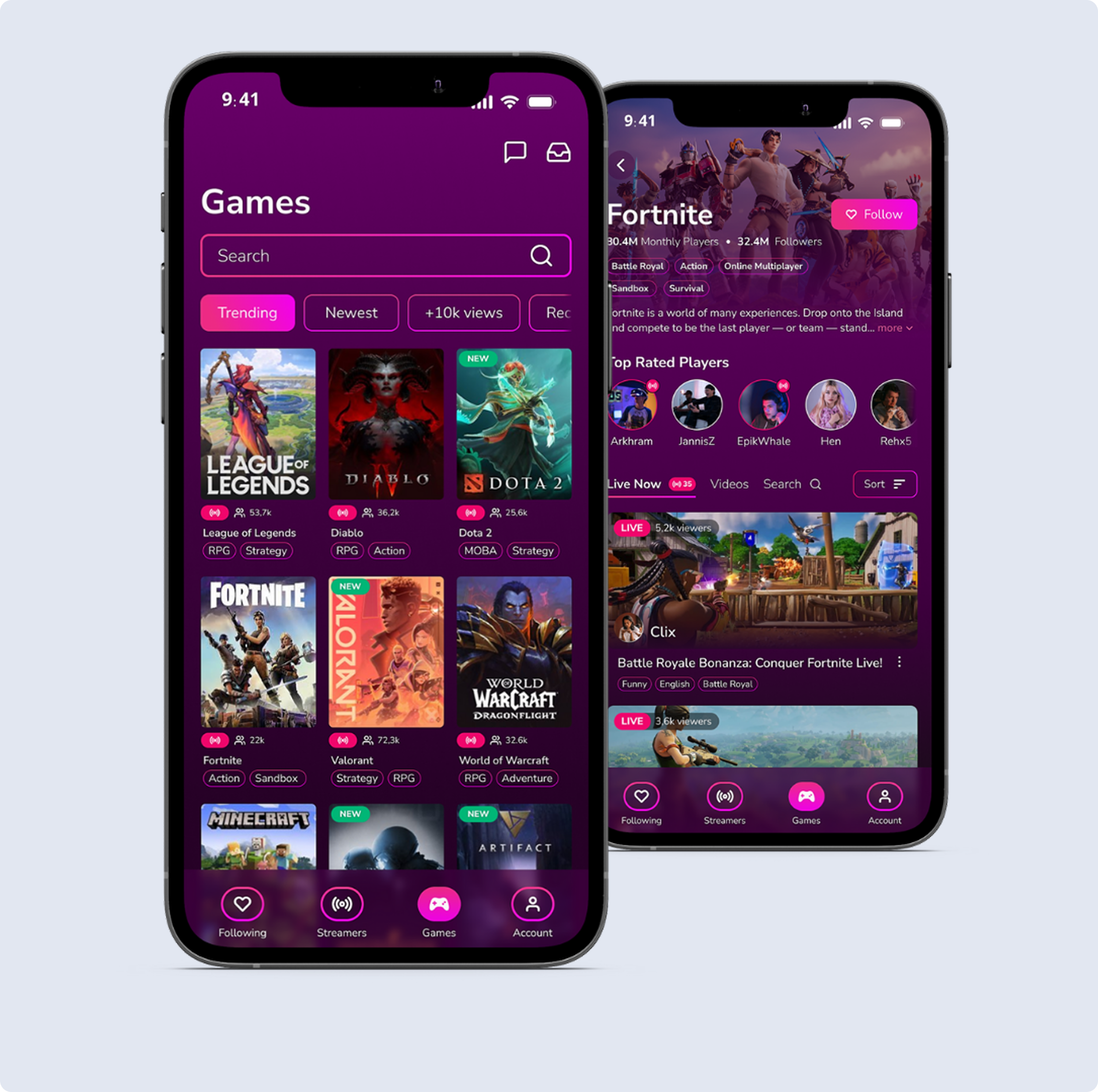 🎮 Gaming App – UI Concept card ui dark ui dribbbleweeklywarmup entertainment app esports app figma game ui gaming app mobile app games mobile ui modern ui streaming app streaming platform streaming ui ui design ui mobile app uidaily ux design video streaming