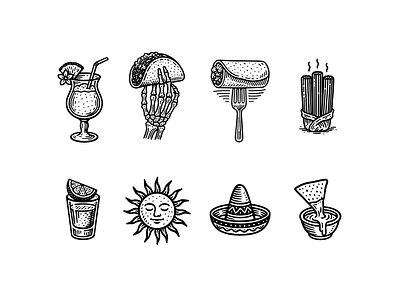 Casa del Crave — Custom Icon Set 🌮✨ app brand branding burrito design food foodtruck graphic design hand illustration logo mexican restaurant skeleton sun taco tacos tequila ui vector