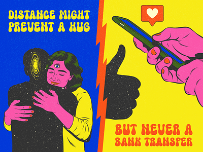 Distance prevents a hug colorful design funny illustration love money positive thinking psychedelic retro surrealism trippy vector vintage