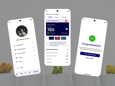 CreditScore+ Mobile UI – Welcome, Profile, and Congrats Pages applanding appscreens congratsscreen creditcard creditscoreplus elegantdesign fintechapp mobileapp mobiledesign modernui onboarding personalfinance profilescreen purchasesuccess uishowcase userjourney