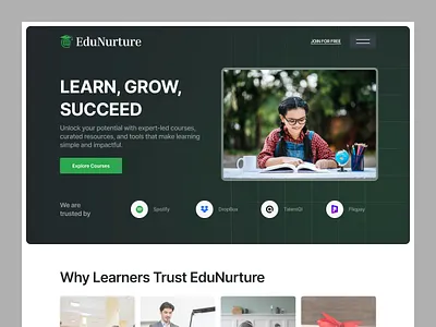 EduNurture – Learn, Grow, Succeed 🎓 clean web design course listing ui creative web layouts custom website design e learning platform edtech ux education ux design education website design hero section design interactive learning landing page design learning platform ui minimalist design modern uiux professional landing page responsive design student dashboard user centric design web design inspiration web design trends 2025