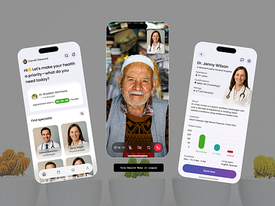 Telehealth App UI – Patient Chat, Home, and Doctor Details Scree appointmentbooking appui bookappointment branding chatscreen doctorlist doctorpatientchat doctorprofile elderlycare healthcareapp healthtech homedashboard medicalapp mobileapp modernui patientexperience telehealth telemedicine uxdesign virtualcare