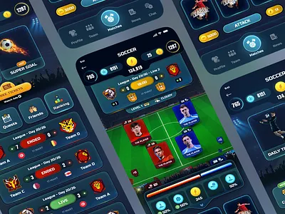 Mobile App UI Design for Soccer Game 2d 3d app design application creative game game ui graphics user interface mobile mobile app player cards playful popular recent score sports ui ui design unique