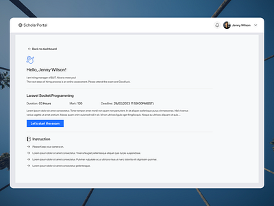 Scholar Portal – Start Exam & Instructions Screen academicplatform academicsuccess assessmentpage beginassessment cleanui edtech educationapp elegantdesign examinstructions examready examui instructionscreen modernux scholarportal startexam studentdashboard studentportal userexperience