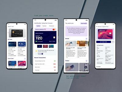 CreditScore+ Modern Finance App: Four Feature Screens applynow appscreens carddeals carddetails cleandesign creditscoreplus elegantui financeapp financialtips fintechdesign homescreen mobileapp modernui offers personalfinance tipsandtricks transactionhistory userexperience uxdesign