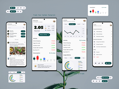 EcoCO2 – Green Living App: Track, Engage, and Manage accountmanagement activitycharts analyticsdashboard carbontracking cleandesign climateaction communityhub ecoco2 ecofriendly environmentalimpact greentech mobileapp modernui profilescreen reducecarbon socialfeatures sustainabilityapp tipsandtricks ui userengagement