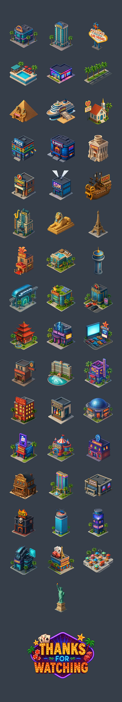 Las Vegas Isometric Sprites for City Sim 3d animation app branding design game game art game design gaming graphic design icon illustration logo minimal motion graphics typography ui ui design ux vector