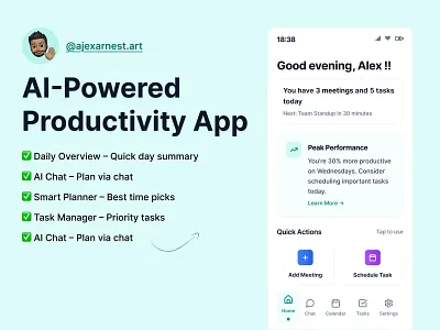 AI-Powered Productivity App – 2025 UI/UX Design. ai aiux chatbasedplanning dribbbleshots minimalui mobile productivityapp taskmanager ui ux uxdesign