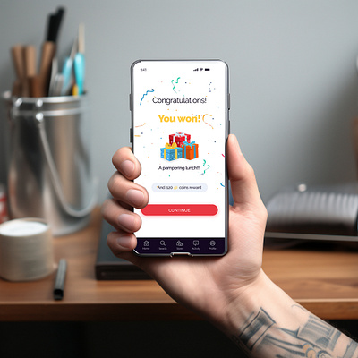 "You won!" mobile screen design (mockup) app confetti congratulations design game hand mobile mockup presents ui ux you won