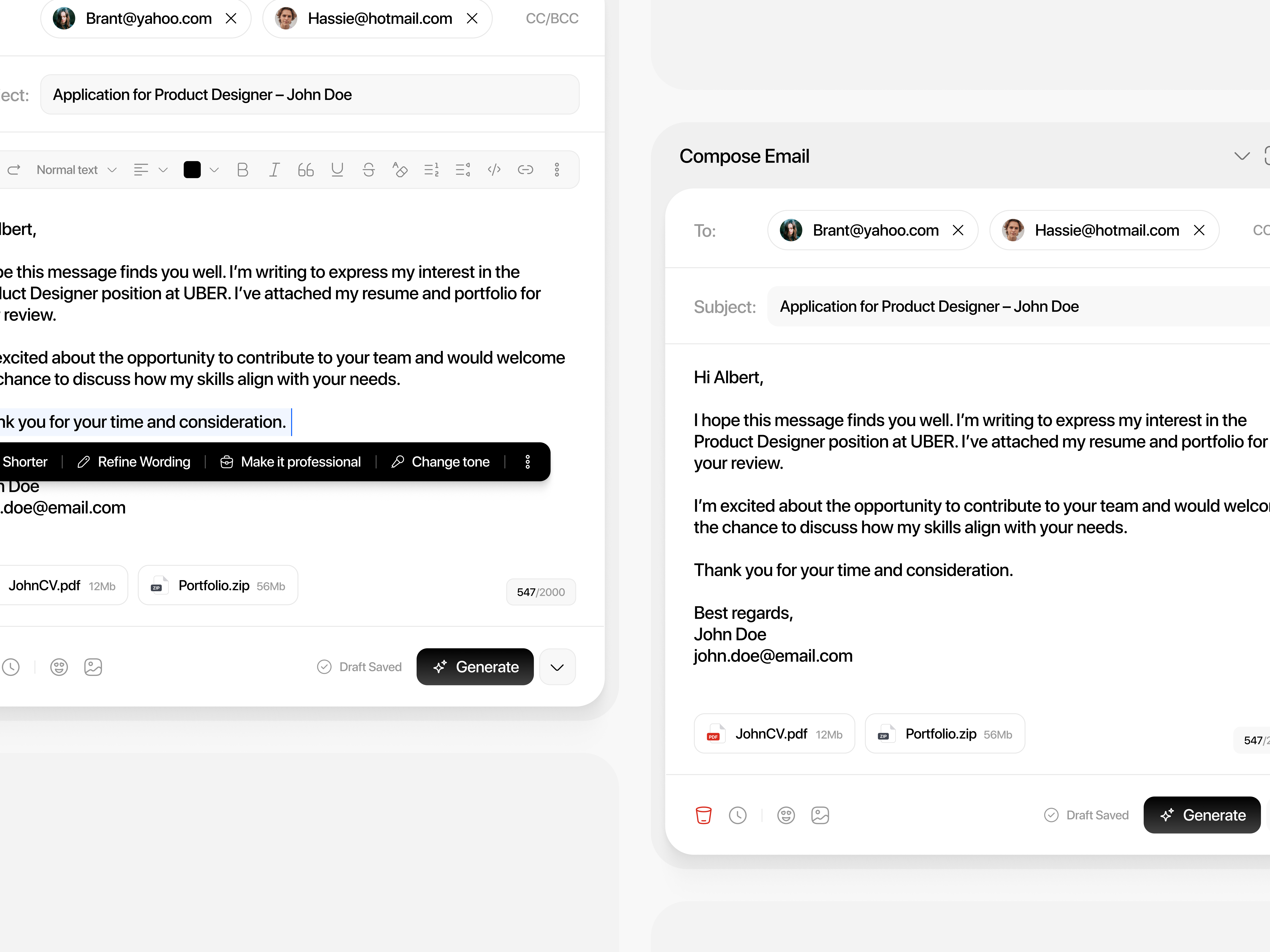 Compose New Email attachment clean component compose compose email dark email email composer graphic design interface light mail minimal modal product rich text editor text editor ui user interface ux