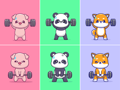 Animal Barbell Workout🐷🐼🐶 animals barbell branding character cute dog doodle fitness flat gym healthy icon illustration logo panda pig shiba inu sport workout