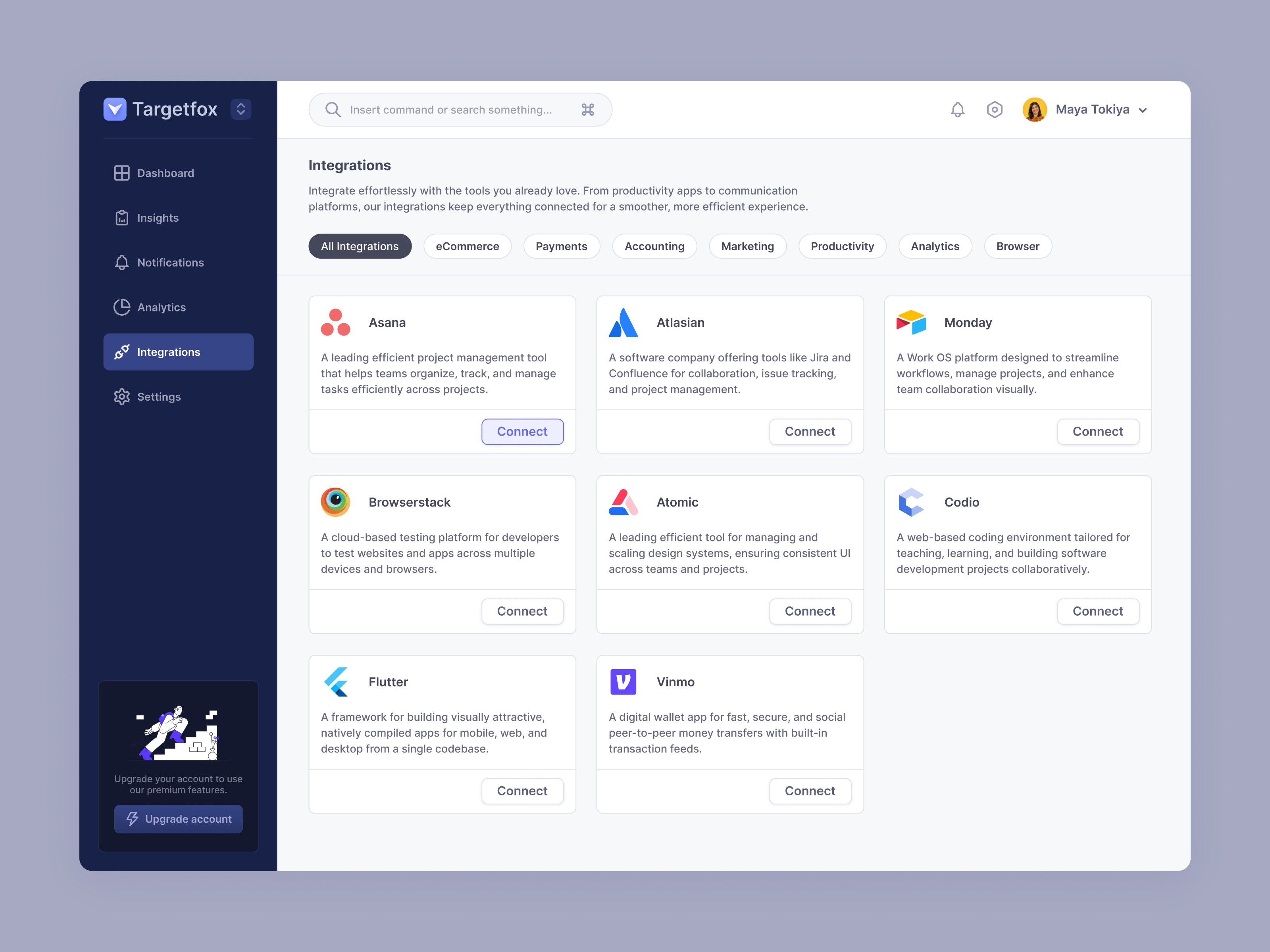 Integrations Screen UI Exploration application cards dashboard manage inteegrations minimal modern navigation product design saas sales dashboard ui ux visual design webapp website workflow
