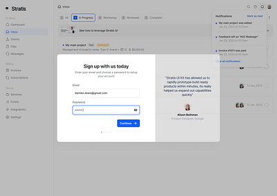 Stratis UI - Sign up preview app button cards clean design fields input interface minimal modal overlay product signup simple table ui ui design ux ux design web