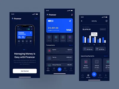 Financer - Financial & Digital Wallet App banking dark mode design finance financial fintech graphic design investment mobile design money payment pixlayer stock transaction transfer ui ui kit ui8 ux wallet