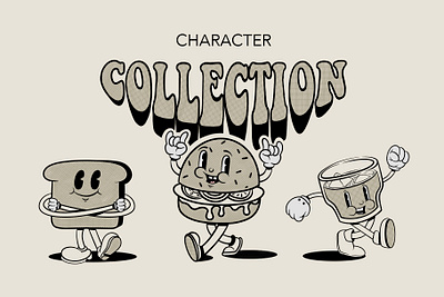Retro Character Collection branding burger cartoon character clipart creative market cute design drink face graphic illustration mascot retro vector