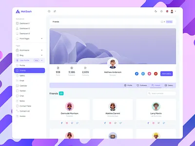 MatDash User Profile Friends Page Design admin admin dashboard admin dashboard template admin panel clean dashboard ui contact list ui dashboard template friends list ui design friends page design friends page ui friends page ui design graphic design modern admin template profile friends page ui responsive friends page saas dashboard ui social app dashboard social network ui kit user cards design user profile page ui