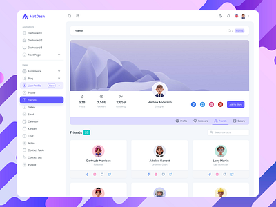 MatDash User Profile Friends Page Design admin admin dashboard admin dashboard template admin panel clean dashboard ui contact list ui dashboard template friends list ui design friends page design friends page ui friends page ui design graphic design modern admin template profile friends page ui responsive friends page saas dashboard ui social app dashboard social network ui kit user cards design user profile page ui