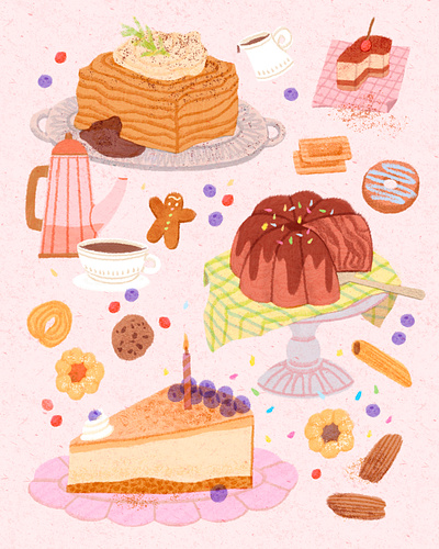 Dessert Party for a Sweet May art artwork bread cake cheese coffee cookie design dessert food fruit gingerbread illust illustration ipad kettle photoshop pie sweet tweetyheather