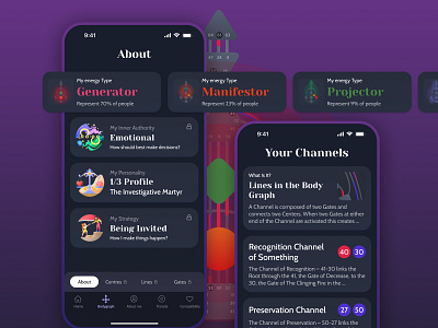 Human Design app: About You and Channnels about app branding dark design graphic design human ios iphone mobile theme ui woman you