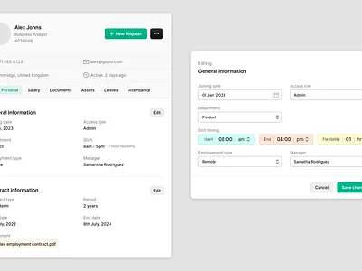 HR management - employee profile design employee fields forms hr hr management information structure management payroll product design tables ui ux