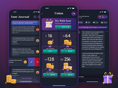 Coins and Journal Design Mobile App app chat coins design graphic design human journal mobile monitisation ui