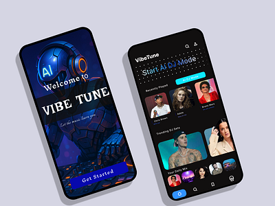 🎧 VibeTune – AI DJ Music App UI Design aidesign aiux appconcept creativeui darkui djapp figmadesign futuristicdesign musicapp musicplayer neumorphism productdesign uidesign uiinspiration uxdesign