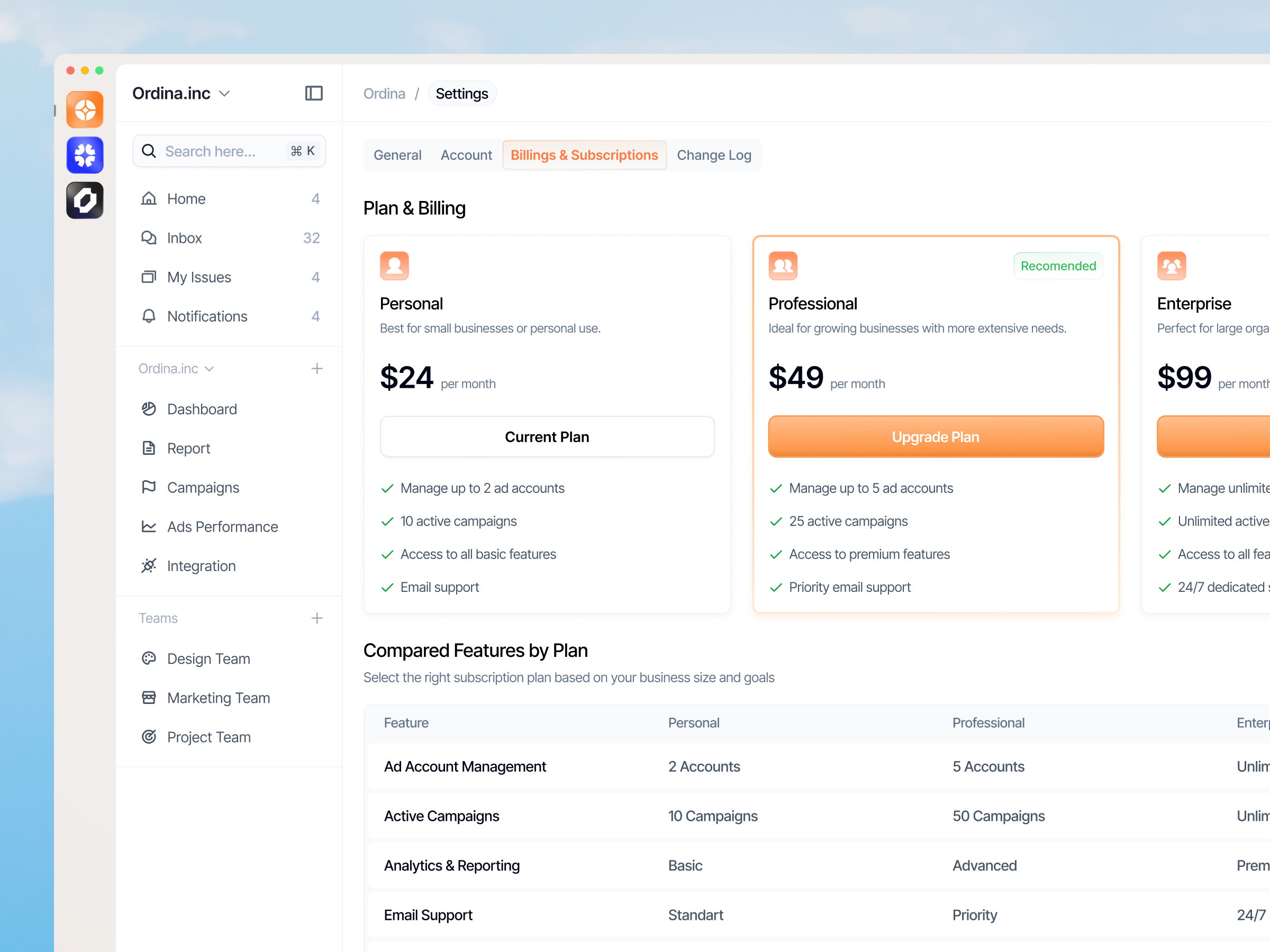 Setting Page - Ads Management Platform [Billing & Subscriptions] ads billing billing subscriptions clean ui components design design system graphic design payment card pricing card saas saas dashboard setting page subscriptions tab menu tabs components typography ui ui ux design ux