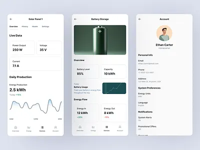 Smart Solar Management App – Dashboard, Control & Profile UI app interface battery clean design clean ui data visual energy dashboard energy monitoring green energy home automation ios design mobile power tracker solar solar app solar power sustainability app