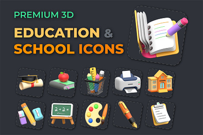 3D Education & School Icons 3d art drawing education graduation icon icon design illustration preschool school stationary stationery