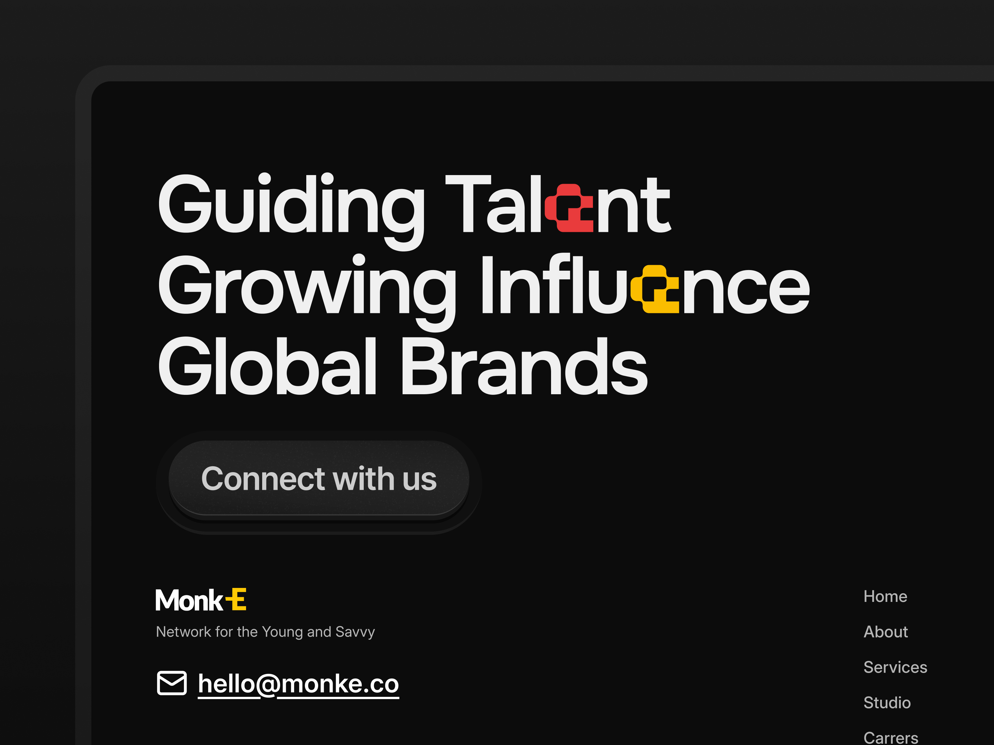 Monk-E Landing Page Footer Preview agencywork brandidentity darkui design designlanguage figma footer footerdesign monke typographylayout uidesign visualdesign