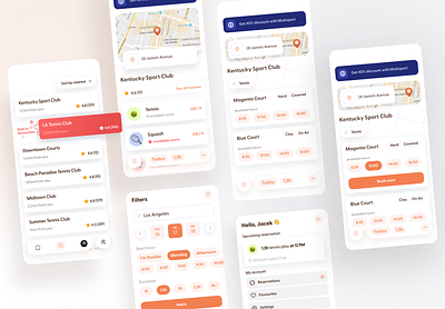 🎾 Tennis Play Booking App app blue design filters interactions listing mobile orange realism reservation reviews tennis ui uiux userexperience userinterface vector