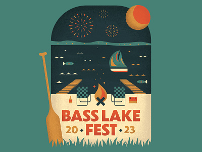 Bass Lake Fest Illustration bass bass lake boat bonfire cottage fish illustration lake lakehouse oar paddle sailboat