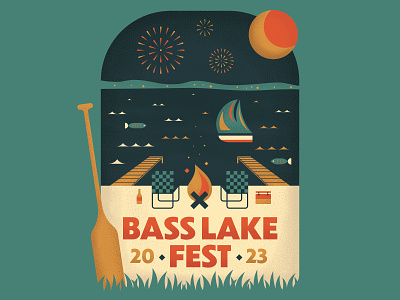 Bass Lake Fest Illustration bass bass lake boat bonfire cottage fish illustration lake lakehouse oar paddle sailboat