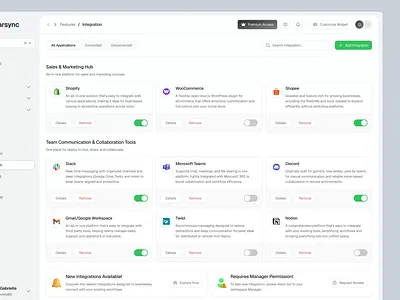 Stellarsync - SAAS CRM Dashboard Integrtion Page clean crm crm dashboard design erp integrations integrations settings manage integrations manage tools product design saas saas dashboard sales dashboard settings page tools ui uiux web app workflows