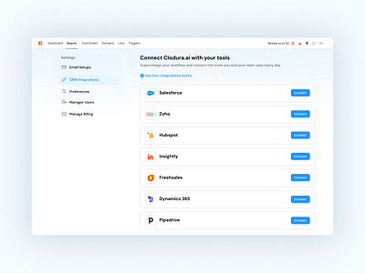 CRM Integrations ai clodura crm dynamics 365 enrich hubspot integration manage billing preferences sales salesforce sandeep mandloi settings ux zoho