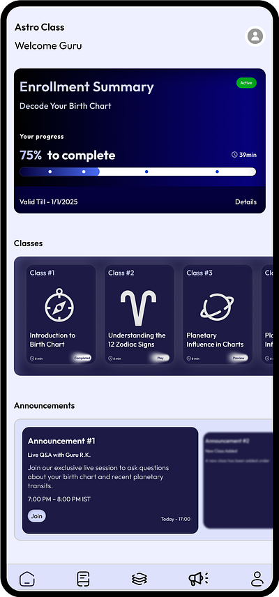 Astro Class Mobile App - Learn Astrology app astrology classes clean learning mobile app simple ui ux