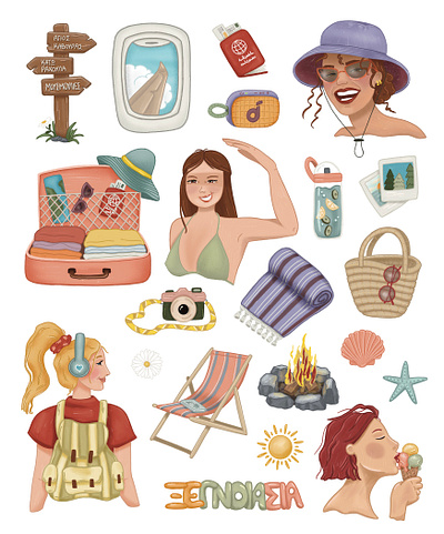Summer mode on characters digital doodles drawing greeksummer illustration summer vacations vectors