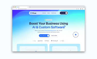 Muse – AI & Custom Software Landing Page ai landing page ai platform ai tech ai tool branding crm tech digital figma graphic design minimal modern design modern ui saas saas landing page tech ui ui design web design