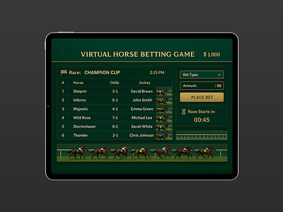 Virtual Horse Betting Game Interface 3d animation app betting branding casino design gambling gaming graphic design illustration interface logo motion graphics ss typography ui ux vector web