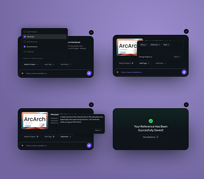 Link/image saver | Bookmarking App add app component dark theme graphic design input field note product project success tags ui web