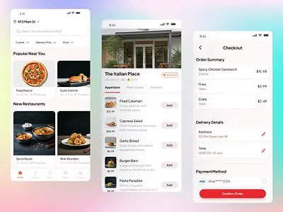 Food Delivery App – Discover, Order & Checkout - Clean UI Design branding checkout clean mobile ux easy checkout food app food delivery app ui food e commerce food menu ios food menu design menu screen ui mobile modern checkout ui order online restaurant ui