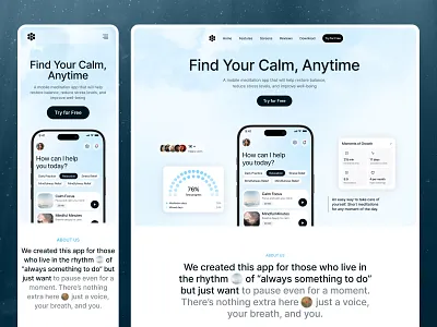 Landing Page for for Meditation Mobile App ai app homepage landing page meditation mobile app product design ui ux web design
