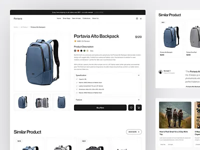 Portavia - Backpack E-Commerce Product Details Page backpack bags buy casual details e commerce ecommerce hiking minimalist online store product school shop shopify store ui ui design ux web design website