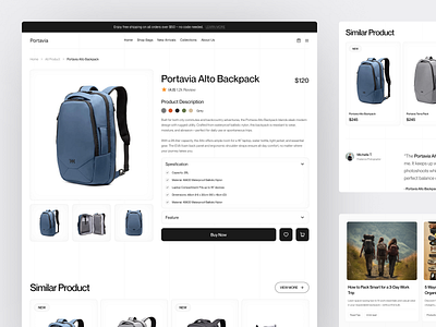 Portavia - Backpack E-Commerce Product Details Page backpack bags buy casual details e commerce ecommerce hiking minimalist online store product school shop shopify store ui ui design ux web design website