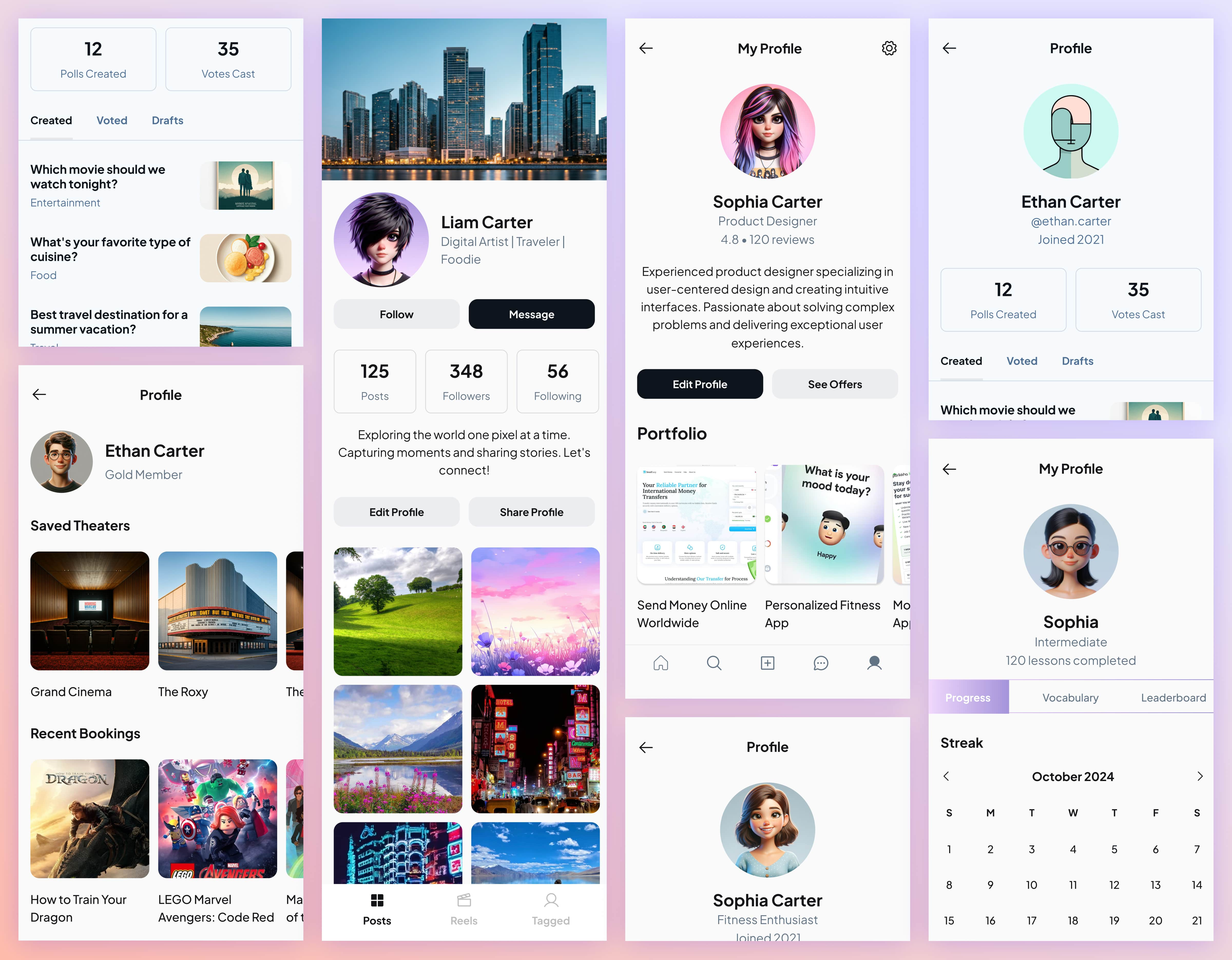 Modern App Profile Screens – Clean, Functional & Versatile UI checkout clean design clean uiux cross app profile ui edit profile freelance minimalist mobile movie booking pool app profile design profile page resume app schedule app social app ticket app user profile vote app workout app workout tracker