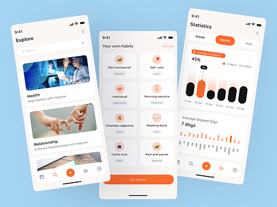 Habit Tracker Mobile App UI/UX Design app design daily habits fitness goals habit habit app habit mobile app habit tracker health ios ios app design mobile app online orange routine tracker task management track ui design uiux wellness app