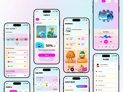 Daily Mood Tracker & Mental Health Checker Mobile App Design design emoji illustration ios app design mental health app mindfulness app minimal mobile app design mood tracker app mood ui stress tracker tracker app uiux wellness