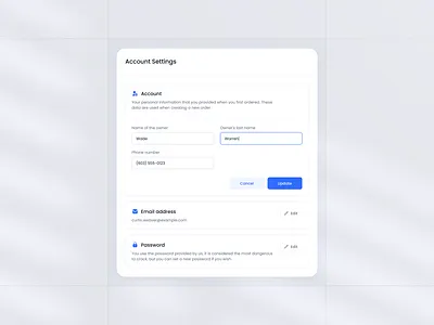 Account Settings • Modal Section account crm dashboard design email minimal modal panel password saas section settings simple system ui ux web